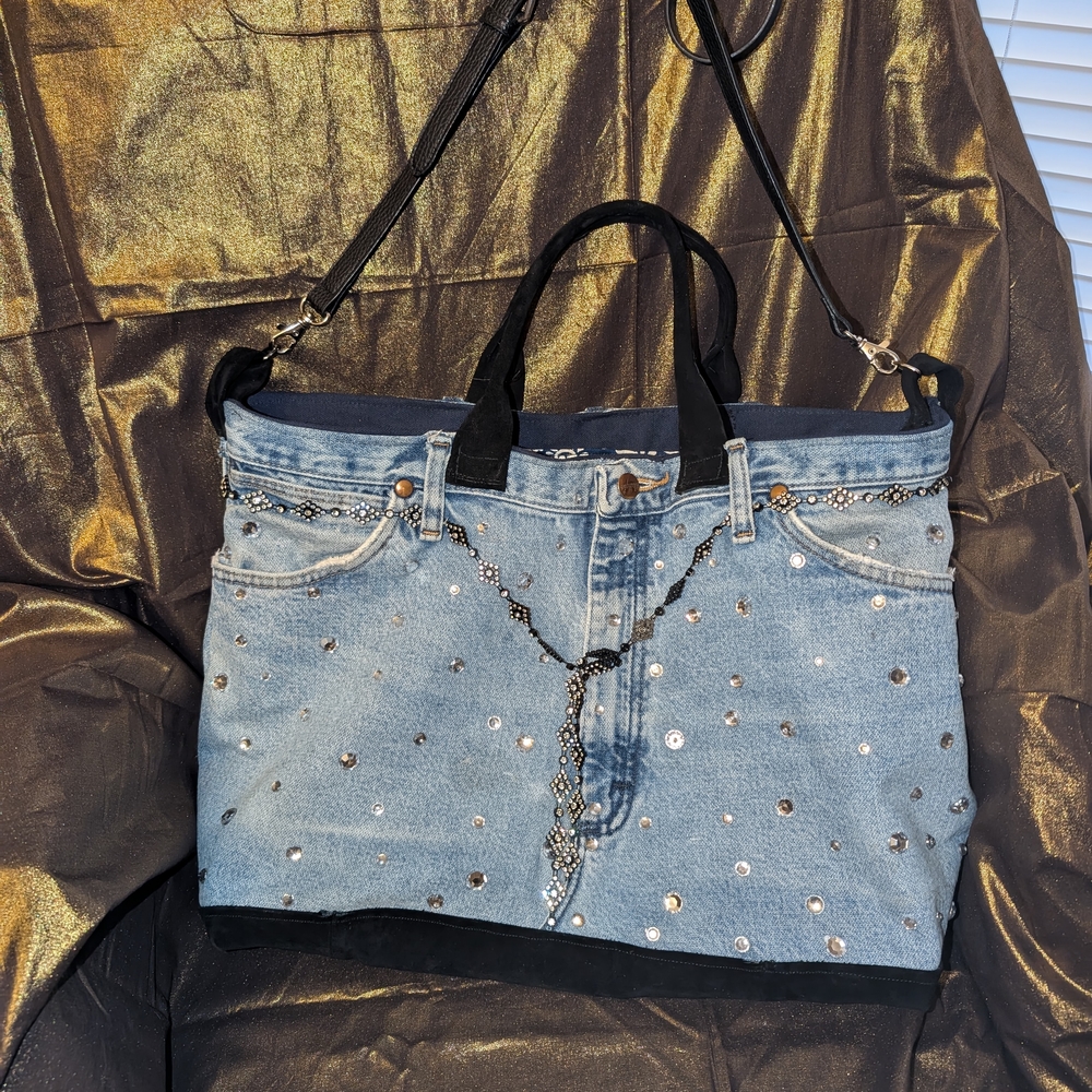Studded Denim Tote with Black Accents
